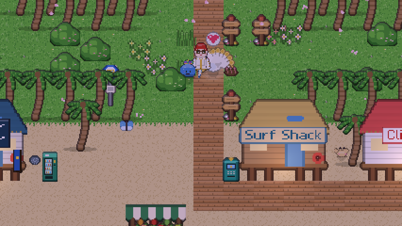 Seafeather Beach, with palm trees, a boardwalk and the Surf Shack