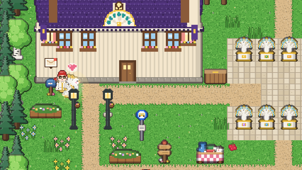 Your farmhouse in Plumehaven at dawn, with your Plume and a little slime friend by the door