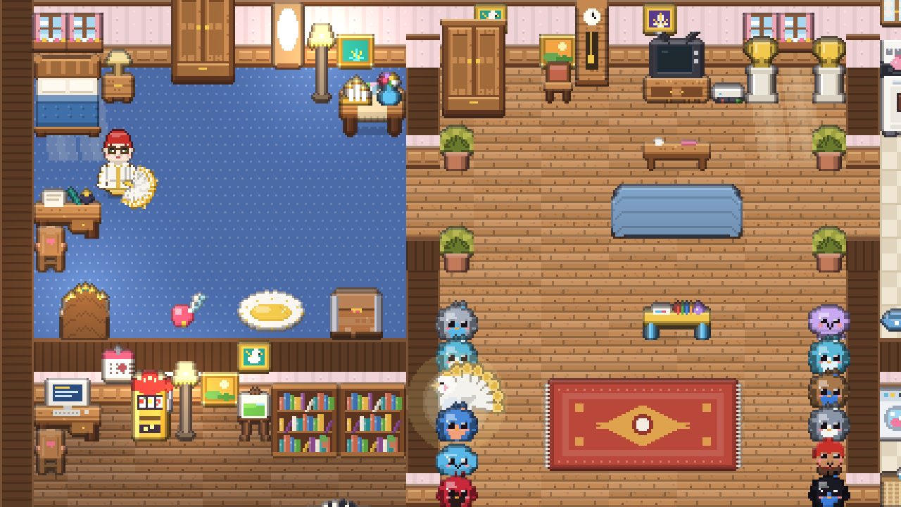Zeph's cozy home: a bedroom and living room full of furniture, Bartleby the Plume and a row of pet slimes