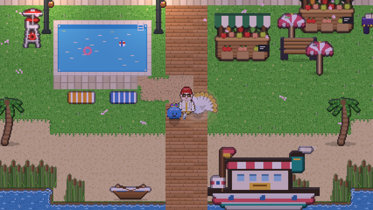 The resort island, with a pool, market and ferry