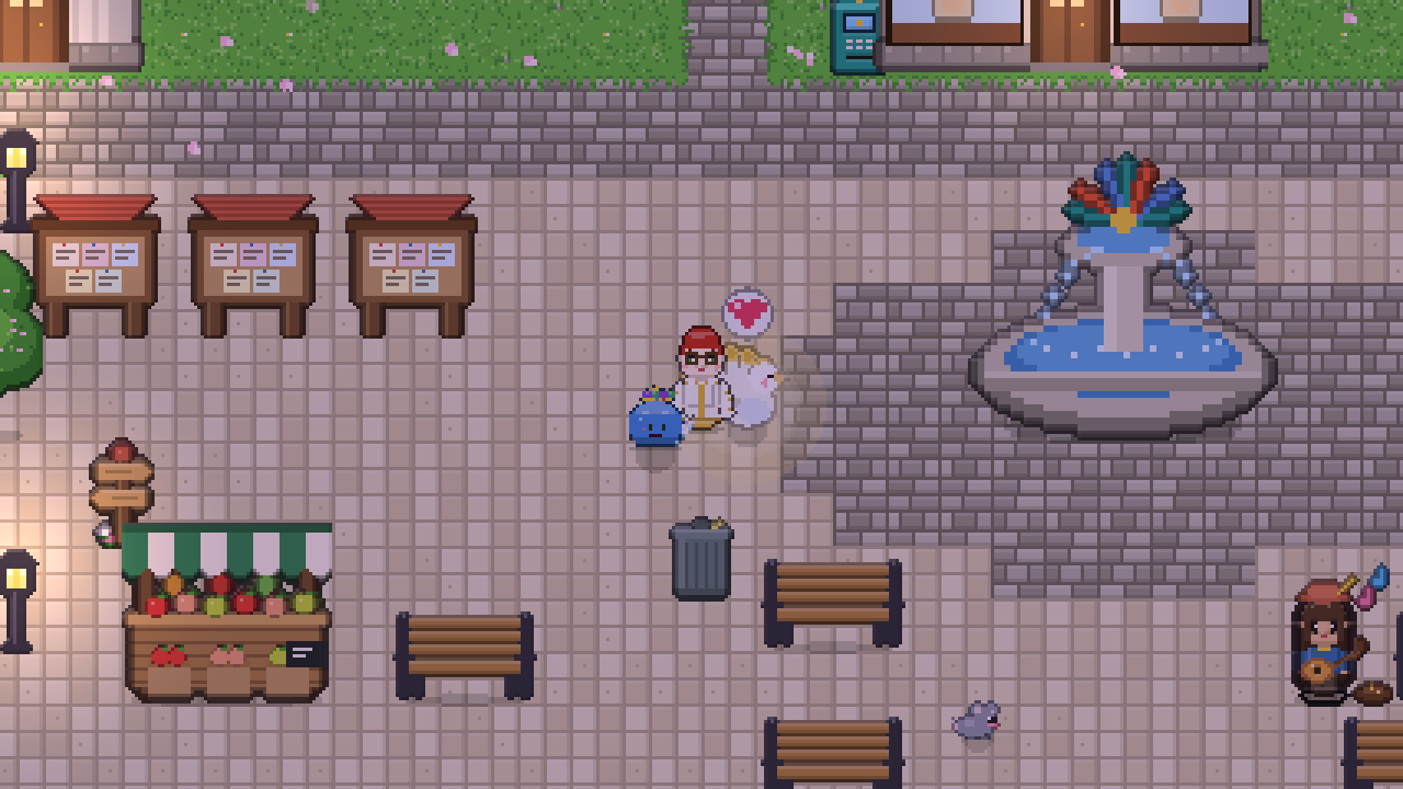 Plumehaven's square, with its feather fountain, market stall and a bard